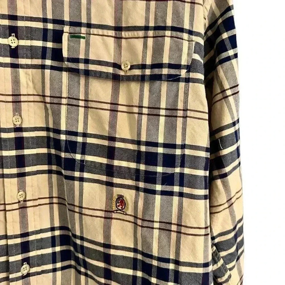 Tommy Hilfiger button up long sleeve flannel shirt plaid size large beige blue - Picture 6 of 13